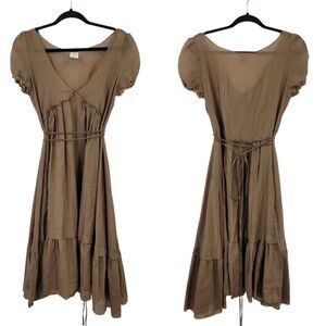Vintage Brown Midi Peasant Dress Sz XL Silk Puff Sleeve Lettuce Ruffle Baby Doll
